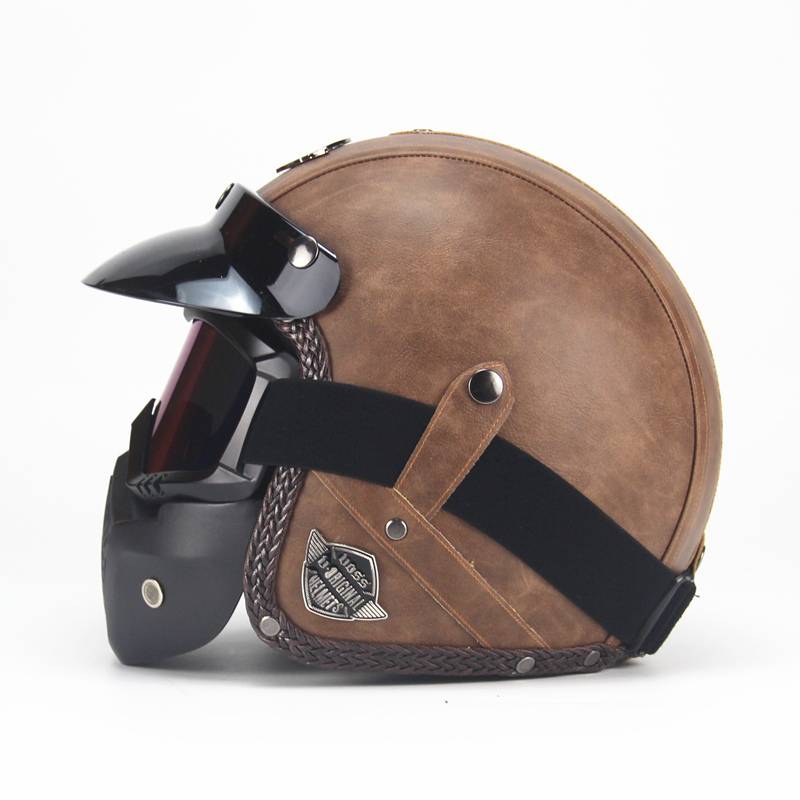 Redcolourful Unisex PU Leder Helme 3/4 Motorrad Chopper Bike Helm Open Face Vintage Motorrad Helm mit Goggle Mask Schwarz L